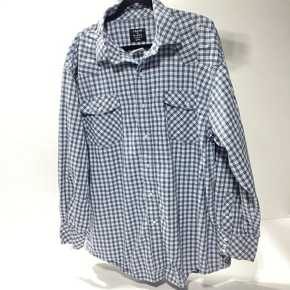 Lakin McKey Trading Co By Key Long Sleeve Blue Plaid Pearl Snap Shirt 2XLR